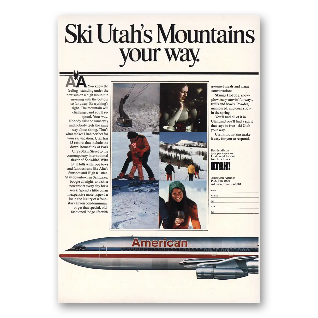 1975 American Airlines Print Ad | Ski Utahs Mountains