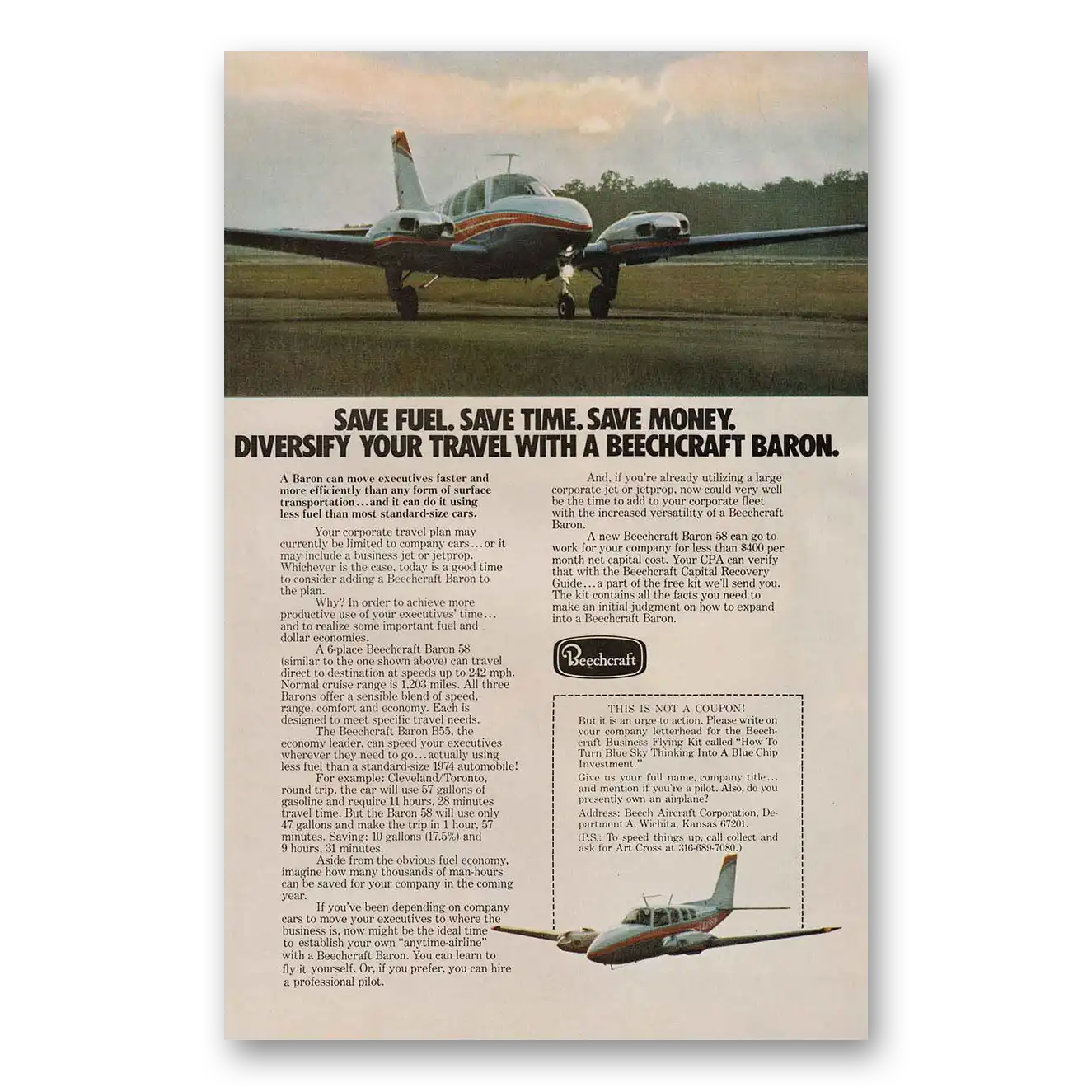 1975 Beechcraft Baron Print Ad | Save Fuel