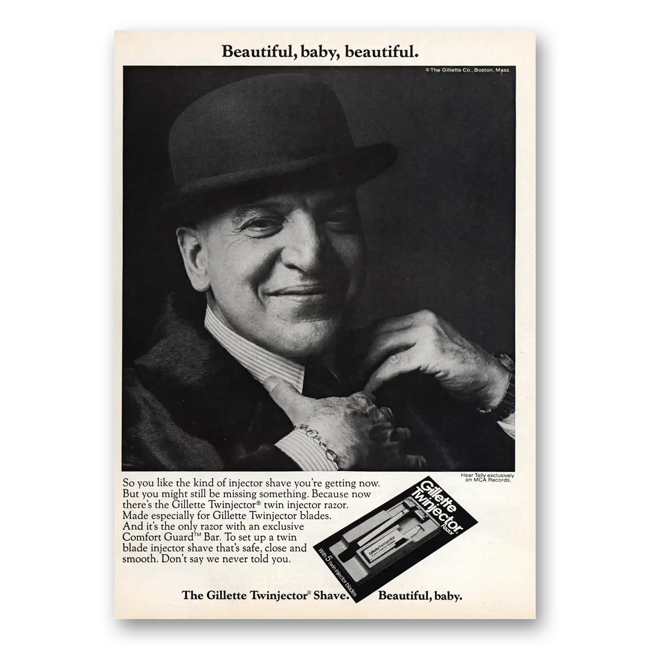 1975 Gillette Twinjector Shave Print Ad | Telly Savalas