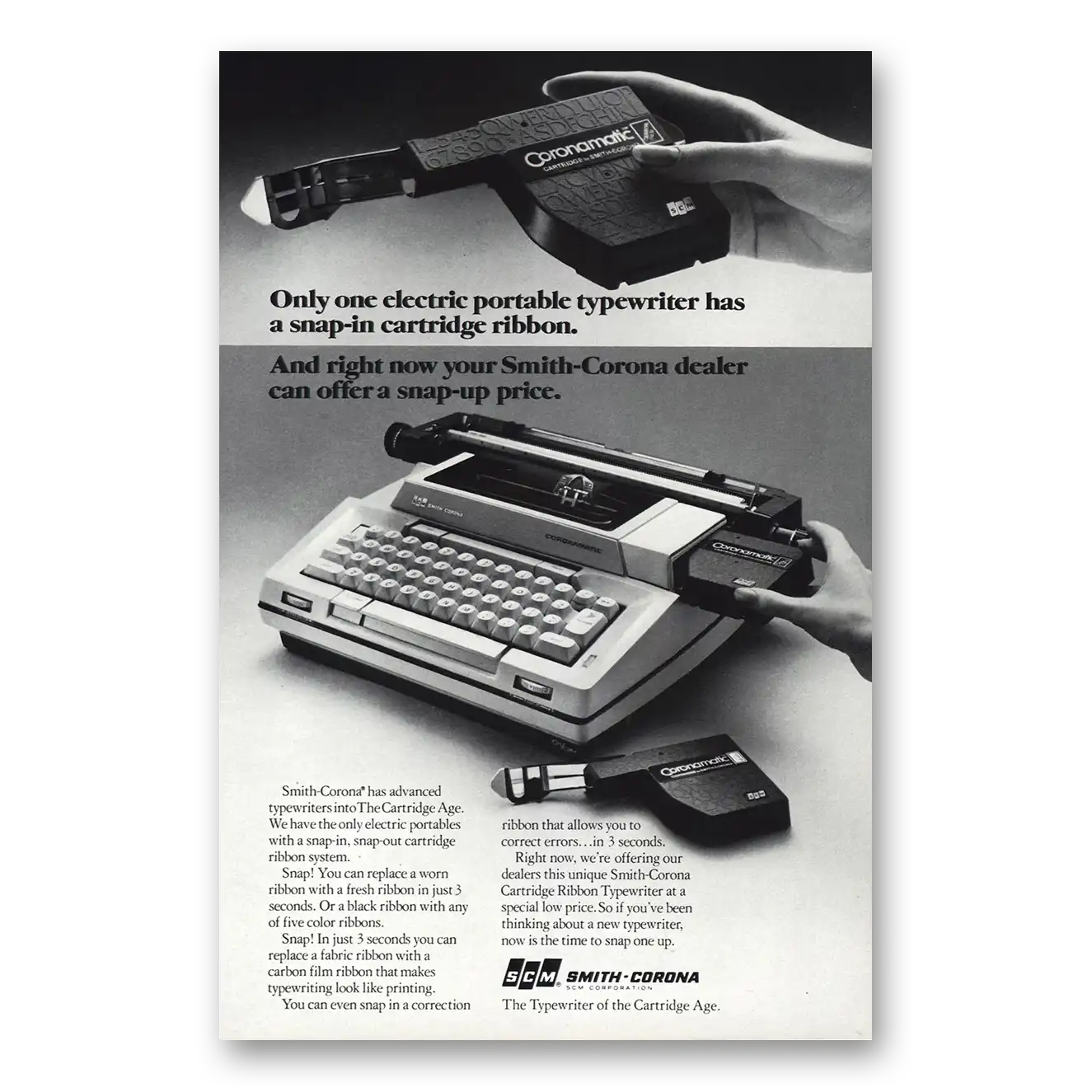 1975 Smith Corona Typewriters Print Ad | Snap In Cartridge