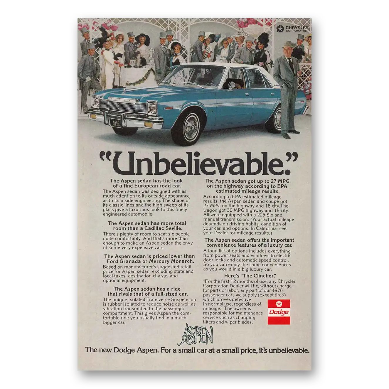 1976 Dodge Aspen Print Ad | Unbelievable