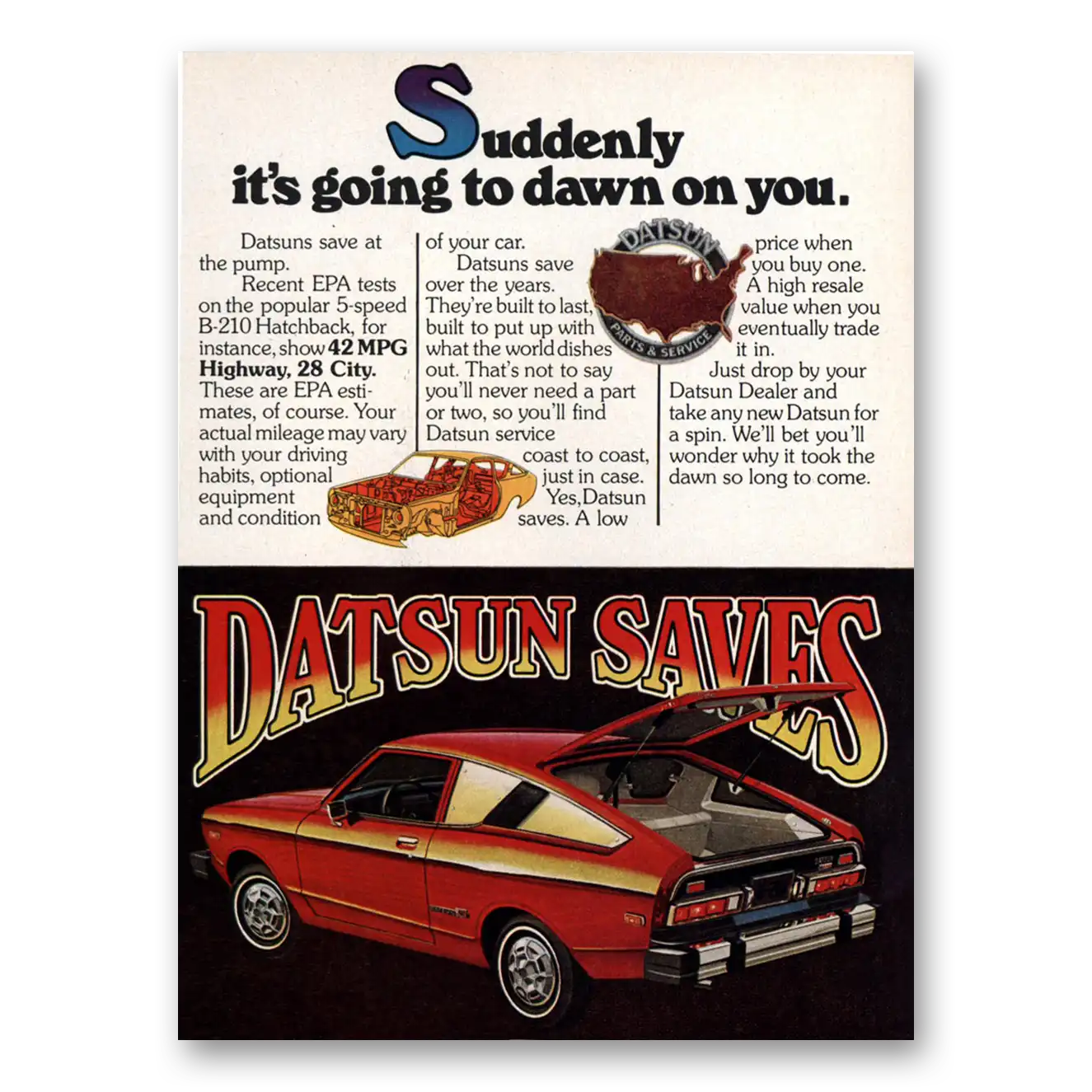 1977 Datsun B210 Print Ad | Dawn On You