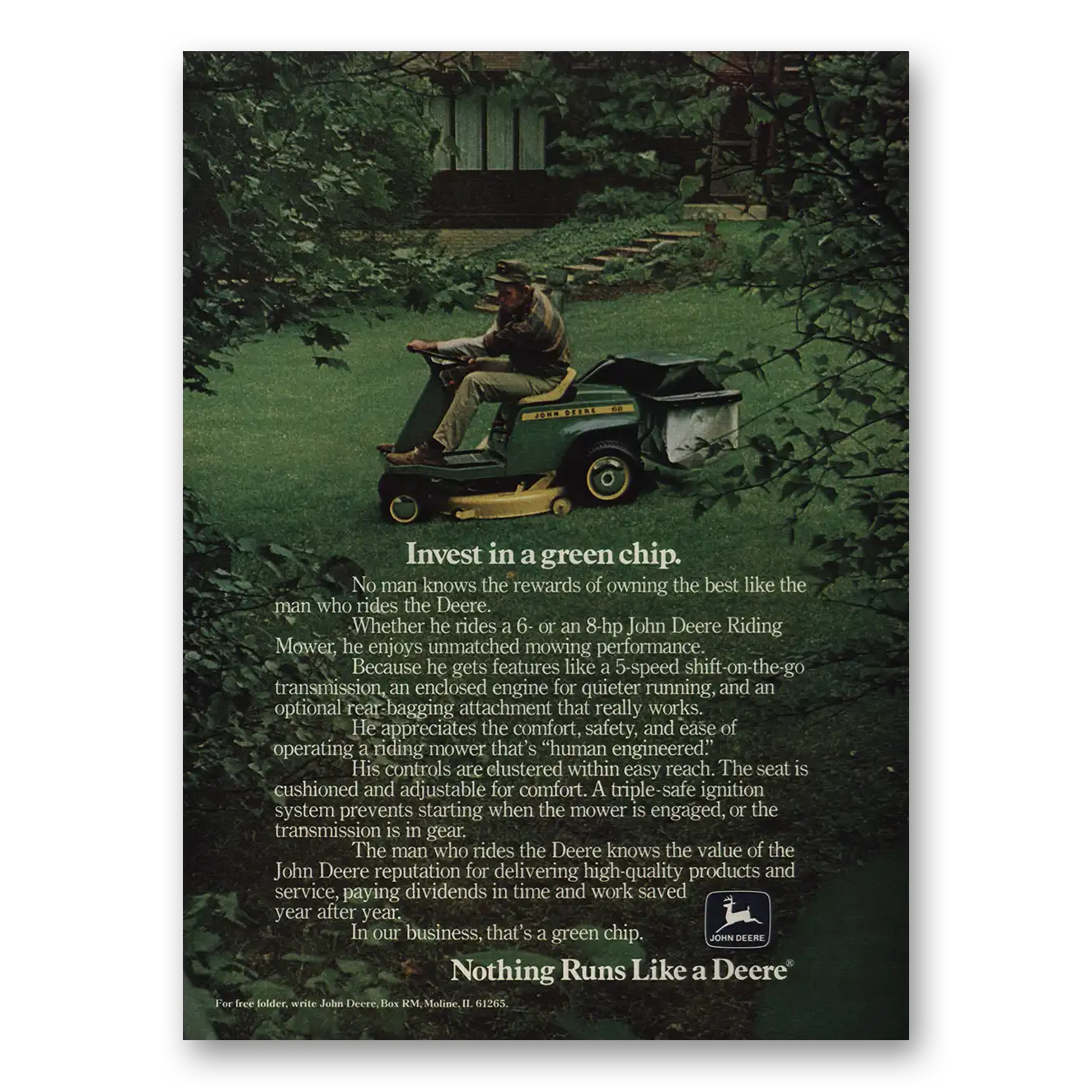 1977 John Deere Mowers + Tractors Print Ad | Riding Mower