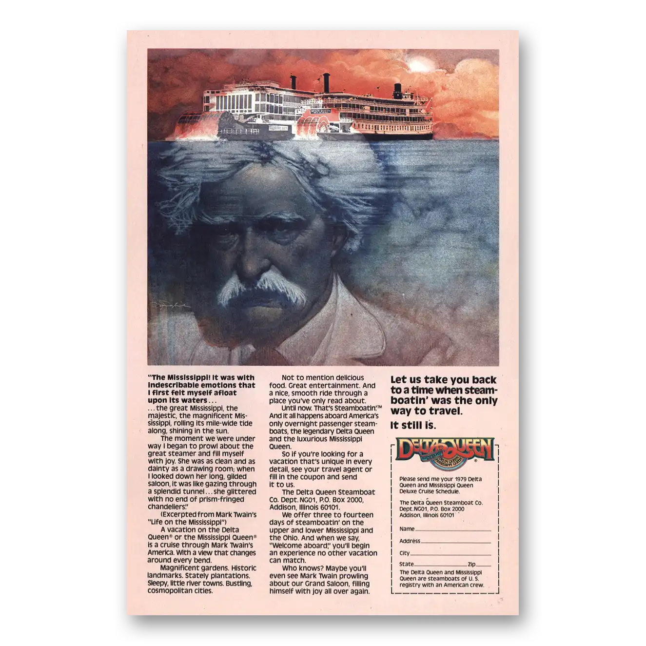 1978 Delta Queen Steamboat Print Ad | Mark Twain