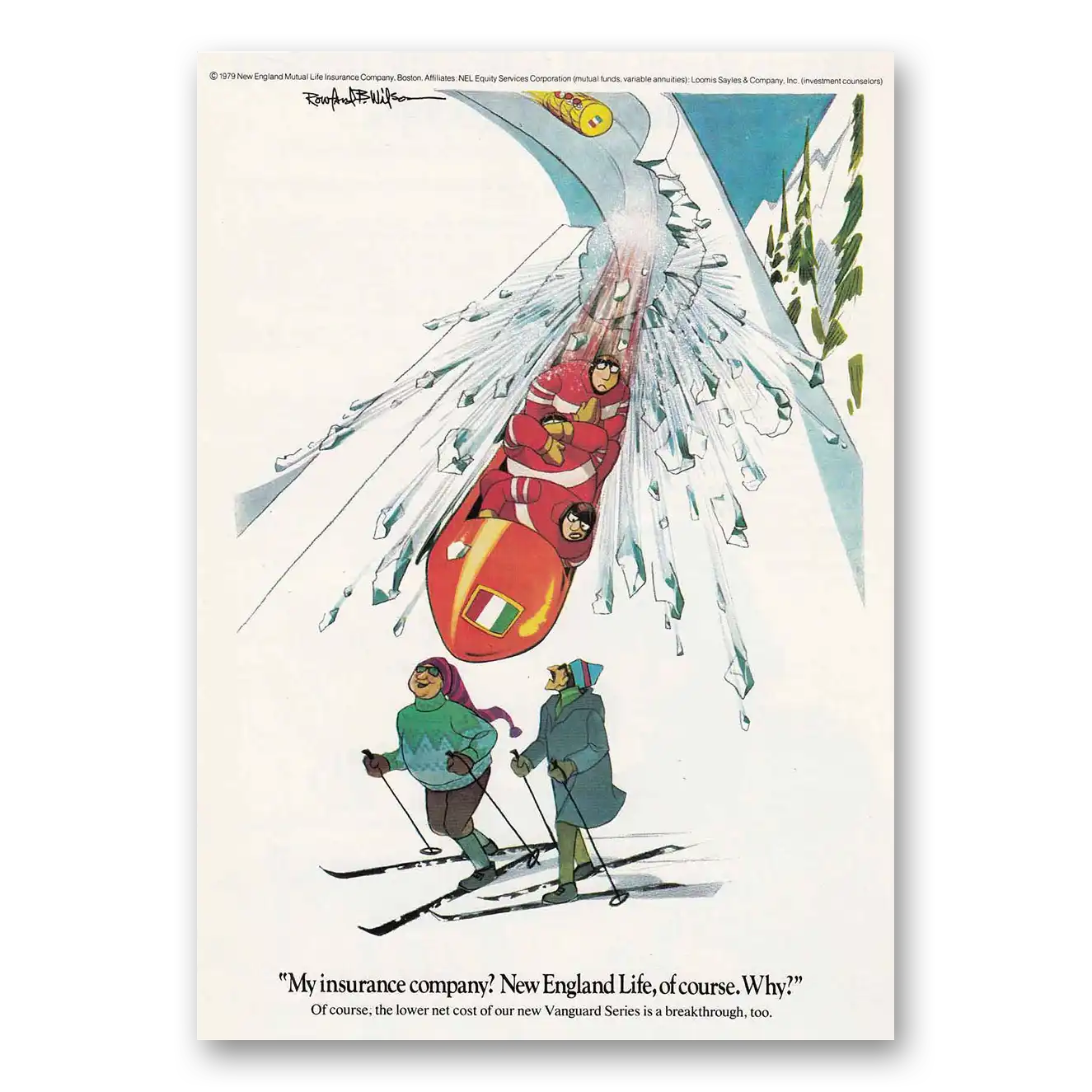 1979 New England Mutual Life Insurance Print Ad | Bobsledders Skiing