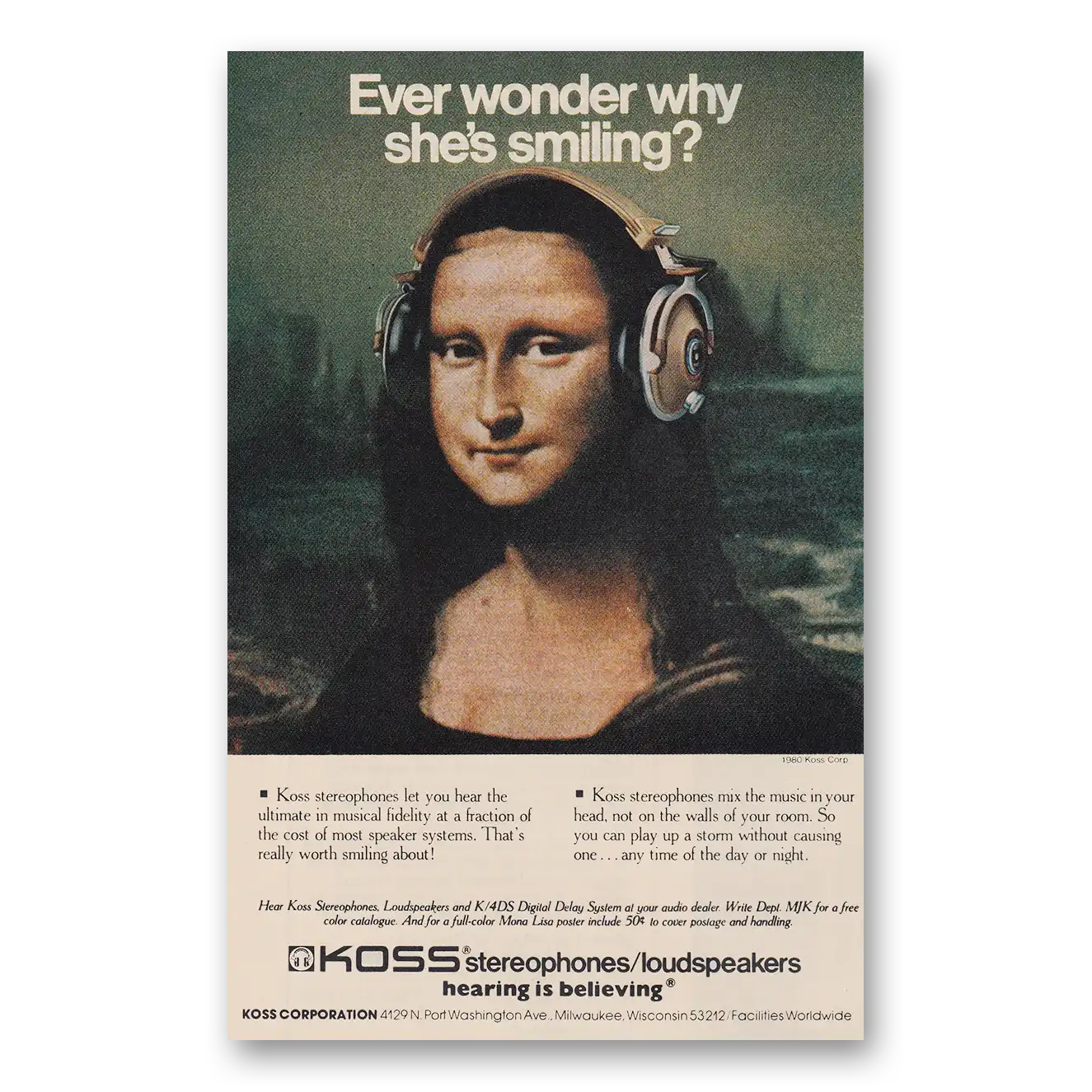1980 Koss Stereophones Print Ad | Shes Smiling
