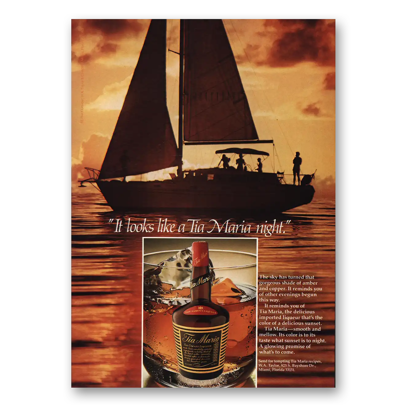 1980 Tia Maria Liqueur Print Ad | Night Sailboat