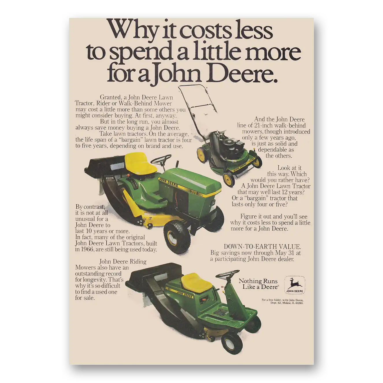 1981 John Deere Mowers + Tractors Print Ad | It Costs Less