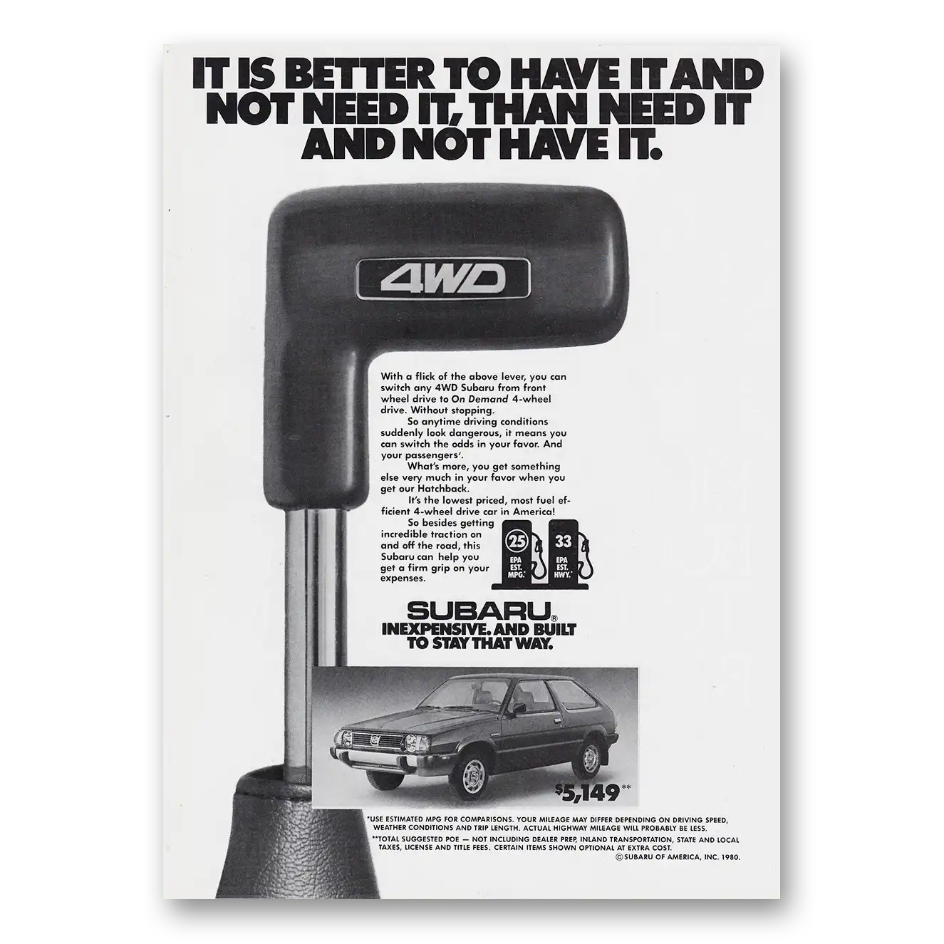 1980 Subaru Hatchback Print Ad | 4wd