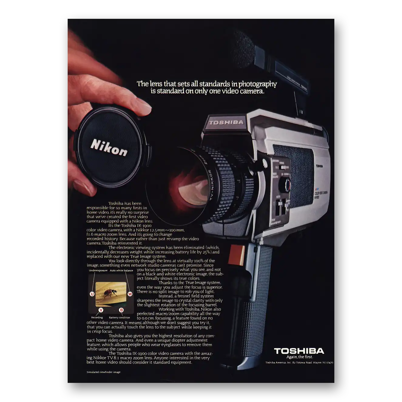1982 Toshiba Video Camera Print Ad | Lens Sets All Standards Nikon