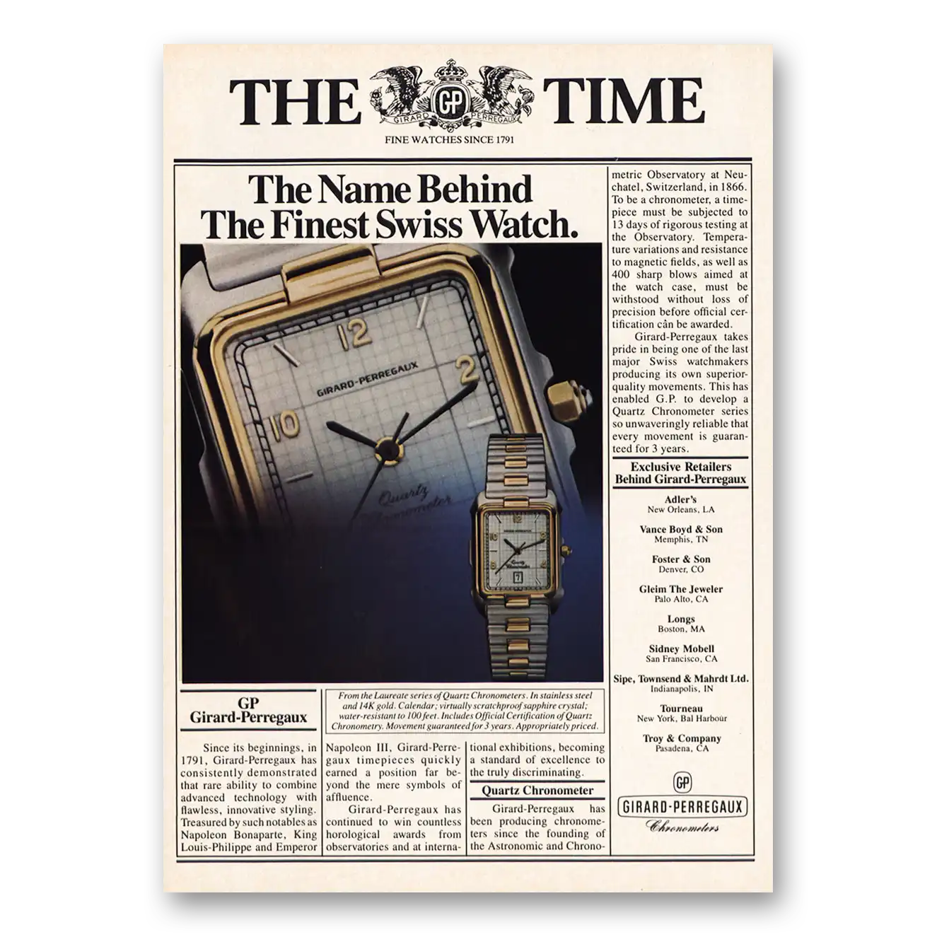 1983 Girard Perregaux Print Ad | Name Behind Finest Swiss Watch