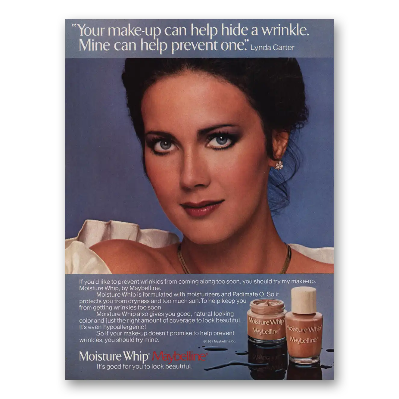 1983 Maybelline Moisture Whip Print Ad | Lynda Carter