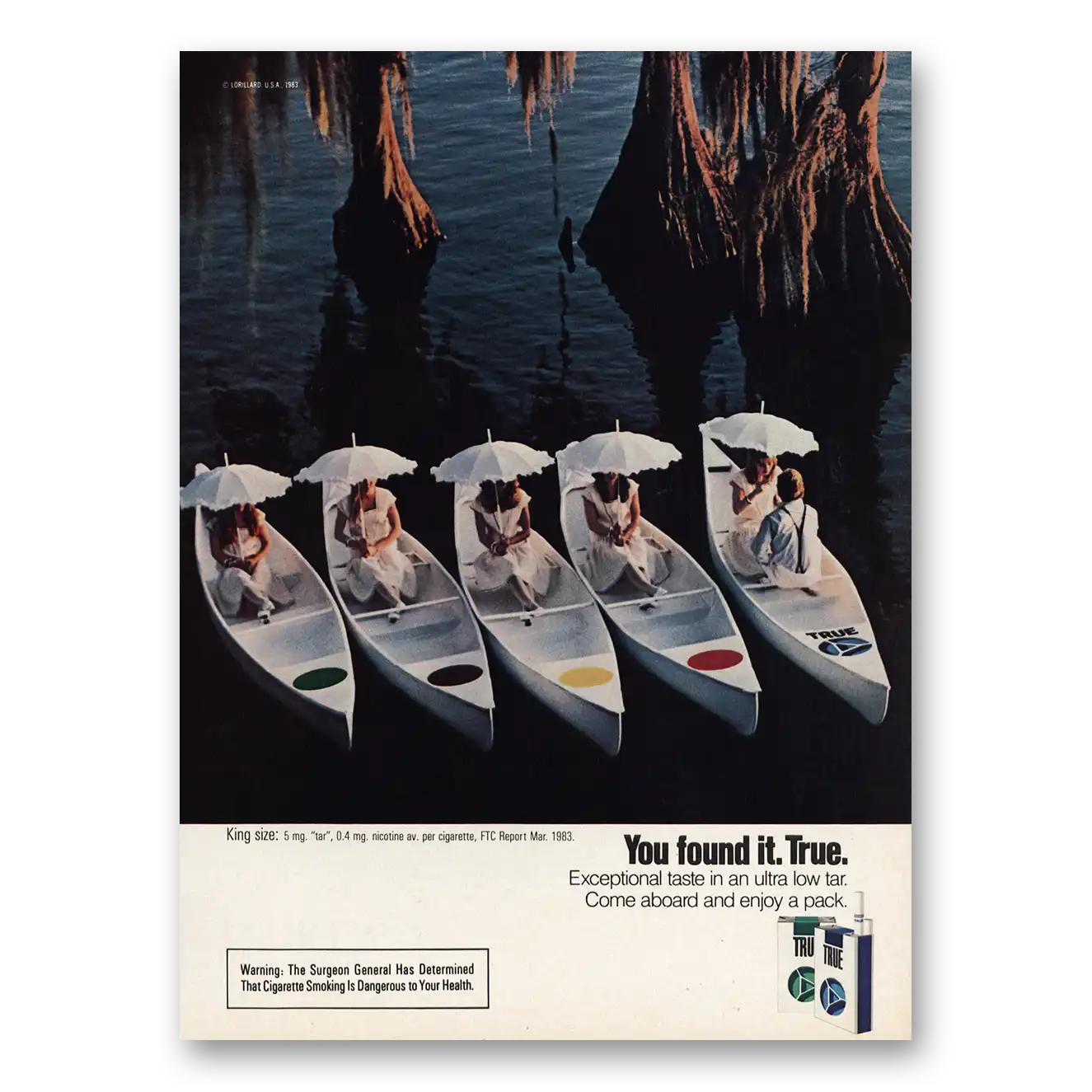 1983 True Cigarettes Print Ad | Canoes