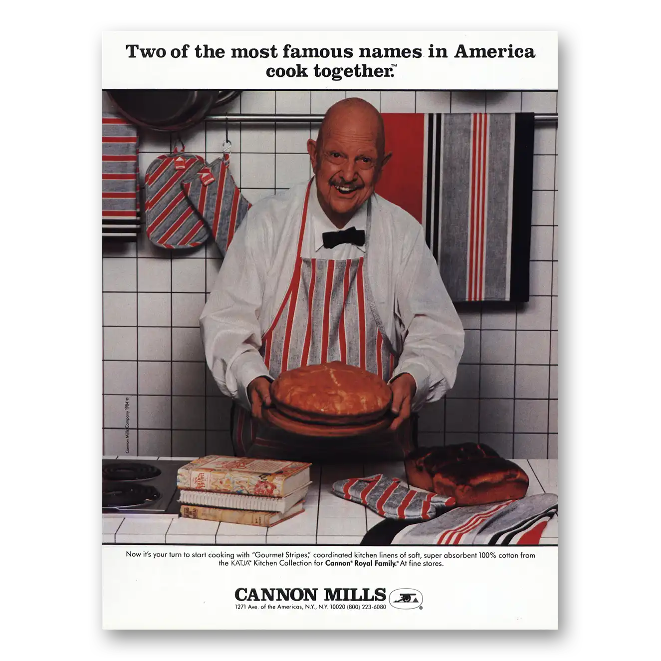 1984 Cannon Mills Kitchen Linens Print Ad | James Beard