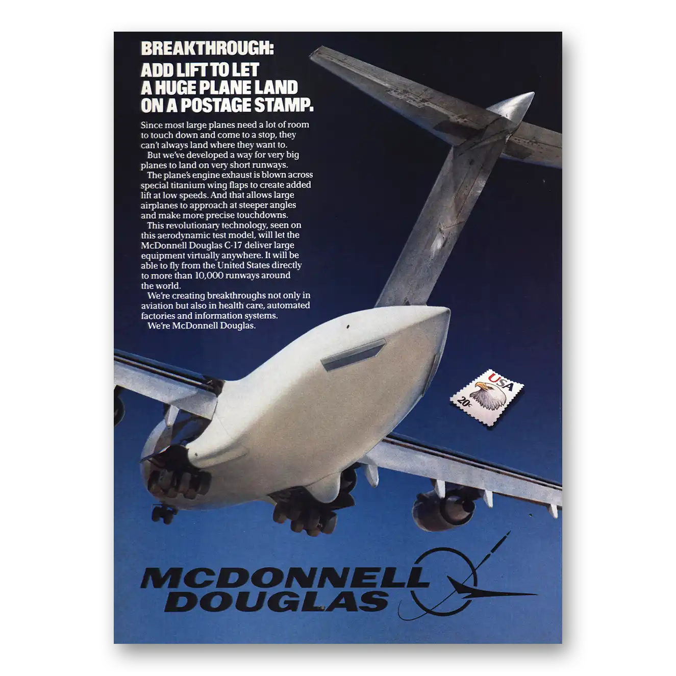 1984 McDonnell Douglas Print Ad | Land On Postage Stamp