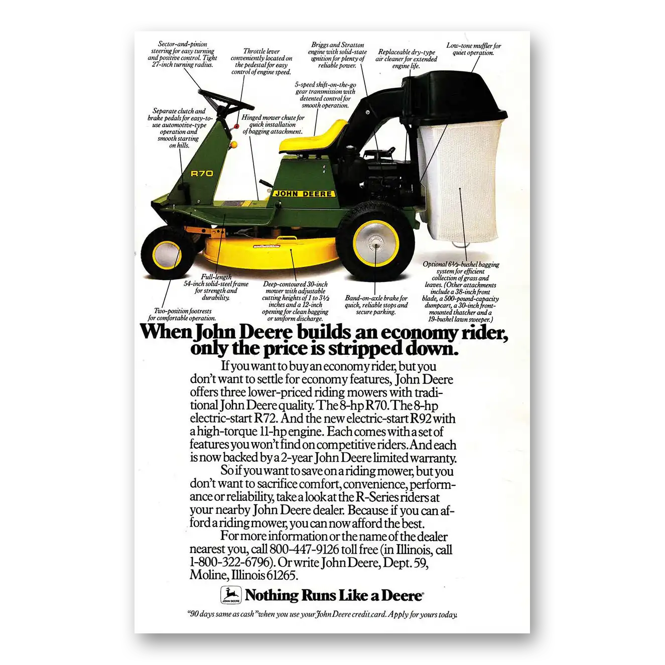 1985 John Deere Mowers + Tractors Print Ad | Economy Rider