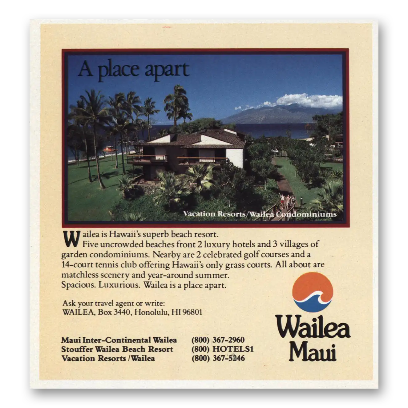 1985 Wailea Maui Print Ad | Hawaiian Air Superb Beach Resort