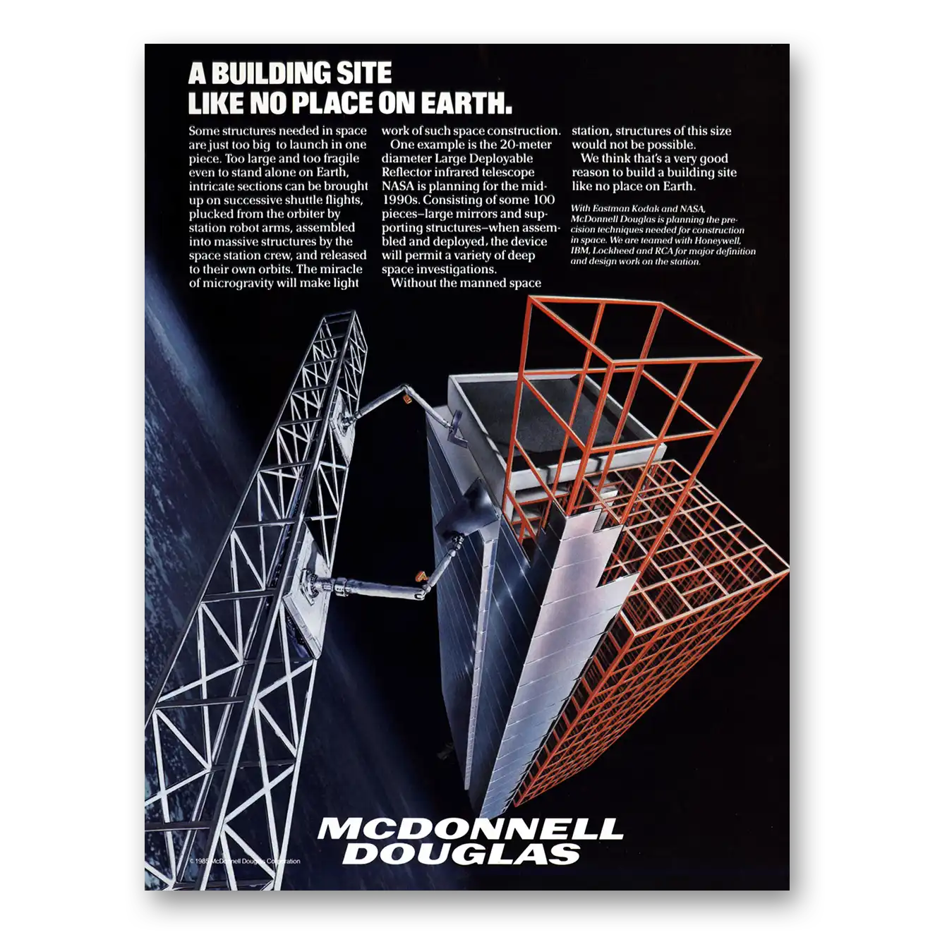 1986 McDonnell Douglas Space Station Print Ad | Building Site