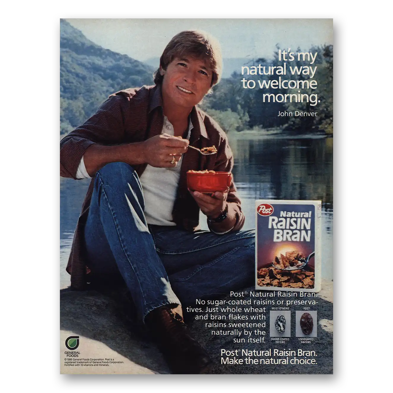 1986 Raisin Bran Cereal Print Ad | John Denver