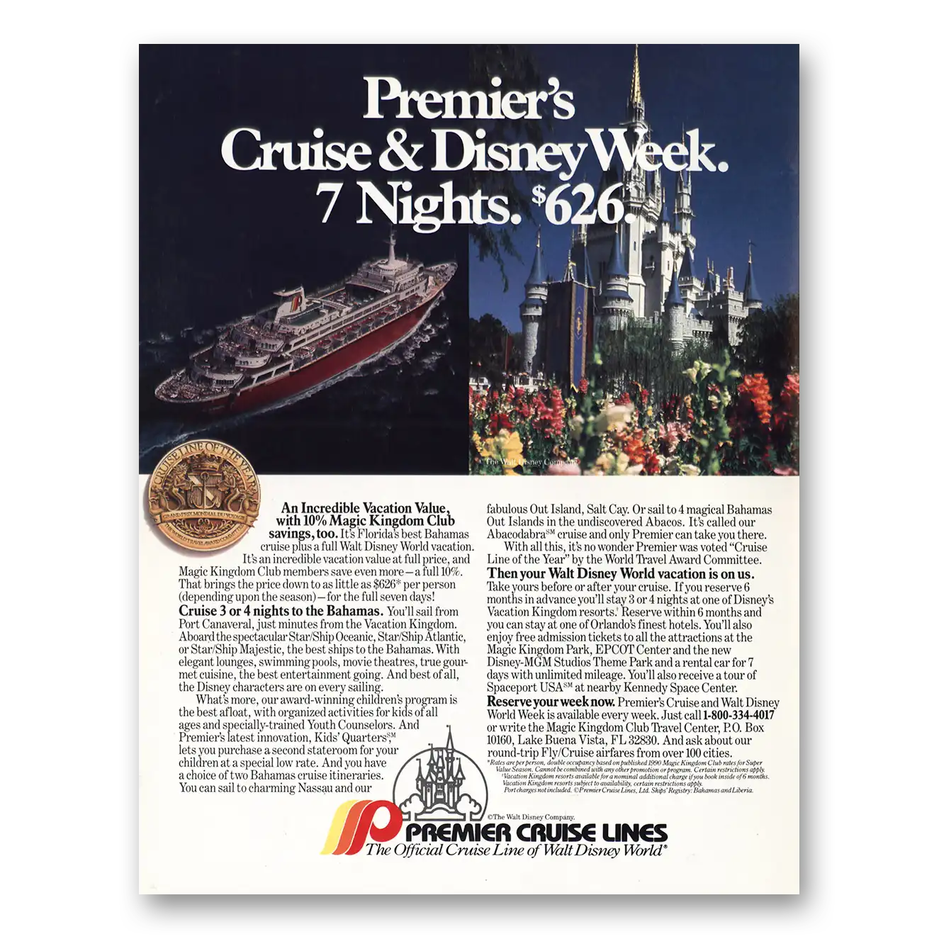1990 Premier Cruise Lines Print Ad | Disney World