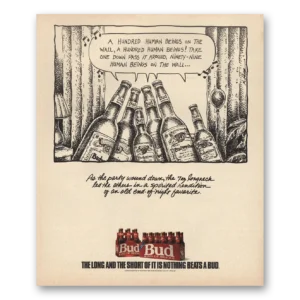 1991 Budweiser Beer Print Ad | Hundred Human Beings On The Wall