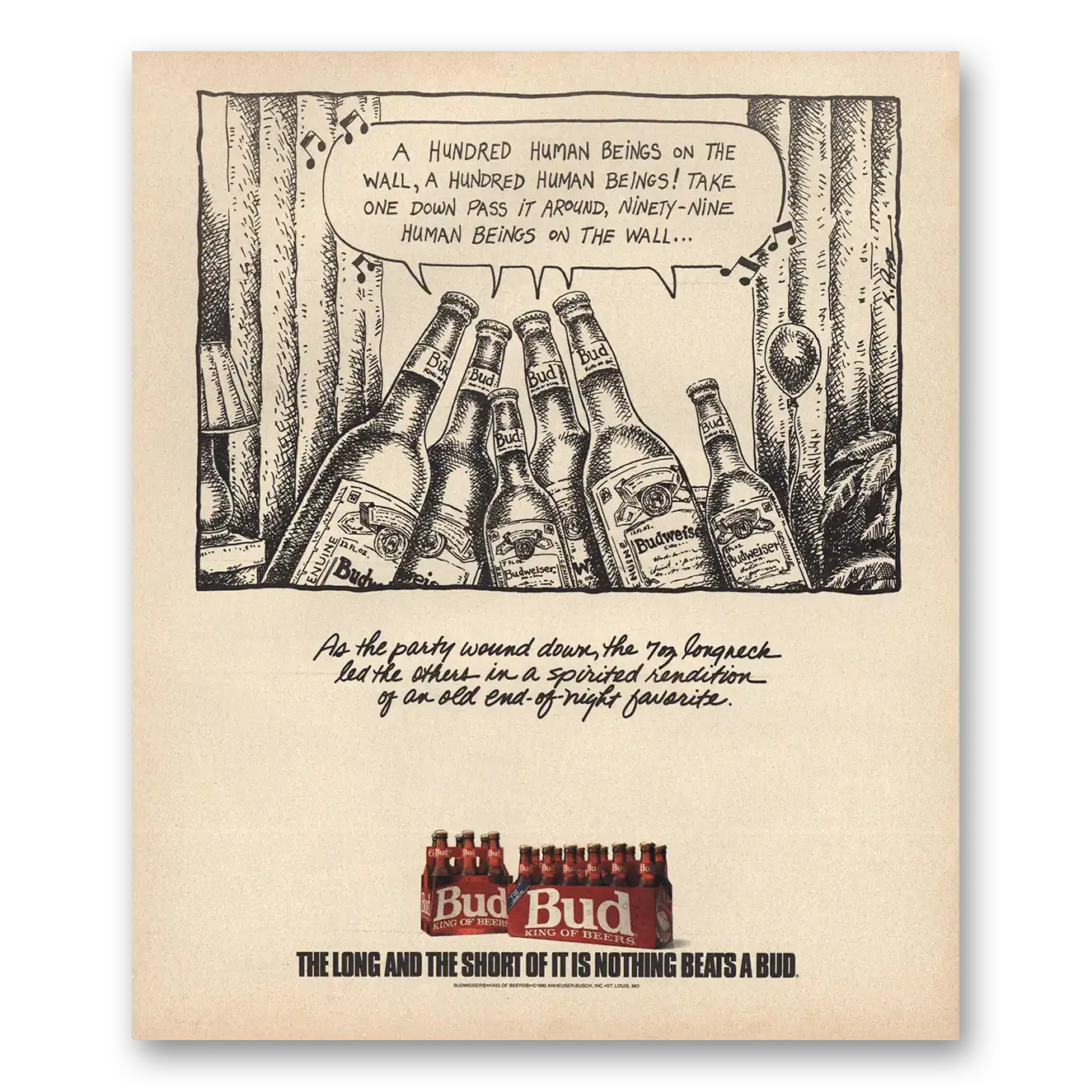 1991 Budweiser Beer Print Ad | Hundred Human Beings On The Wall