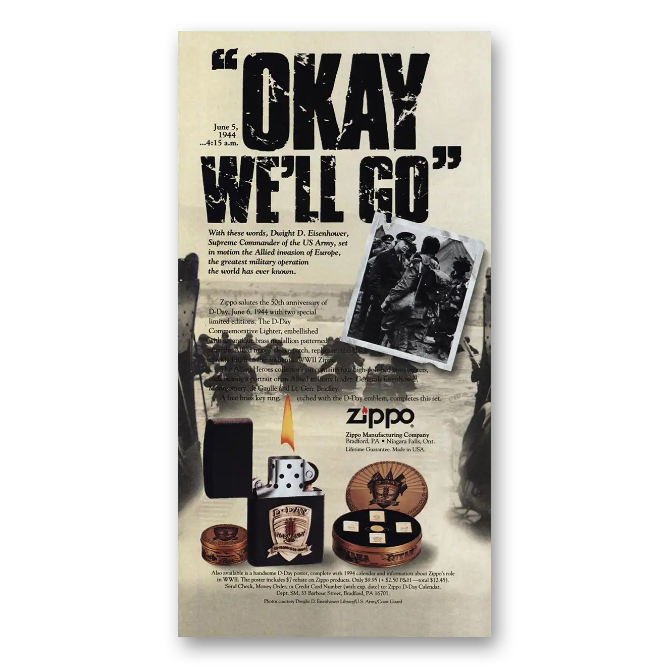 1994 Zippo Lighter Print Ad | Allied Invastion Europe Okay We'll Go