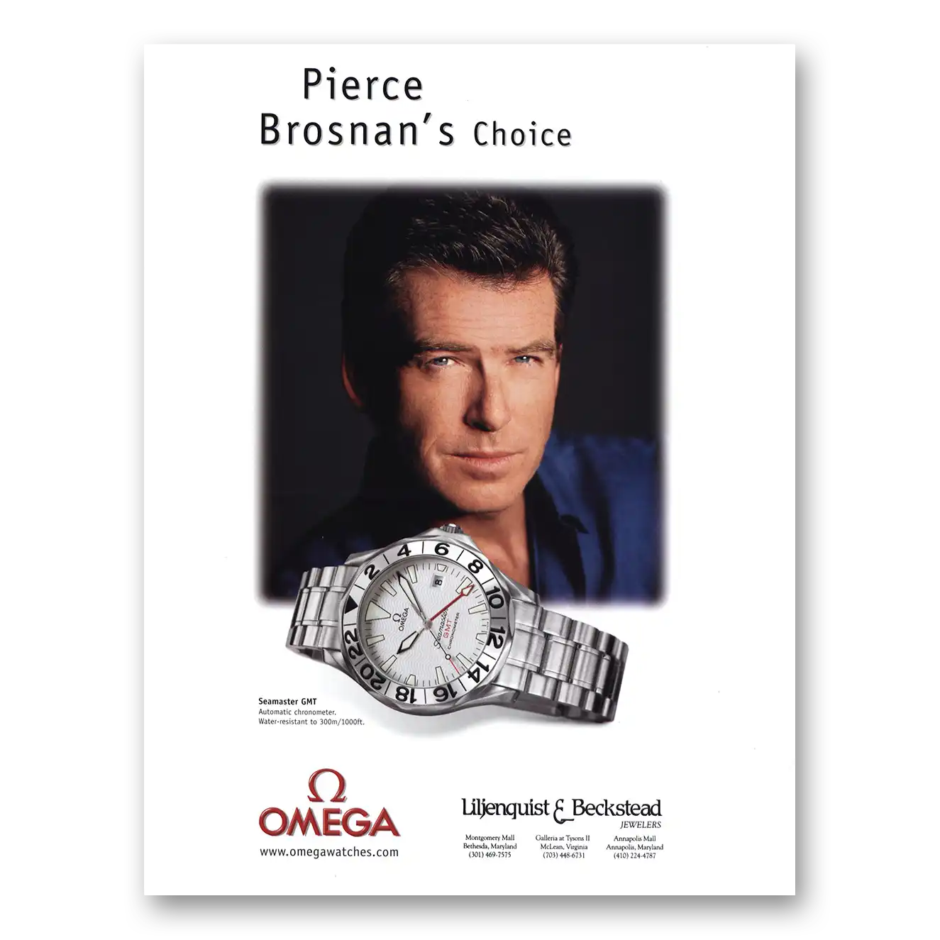 2001 Omega Watch Print Ad | Pierce Brosnan Seamaster Gmt