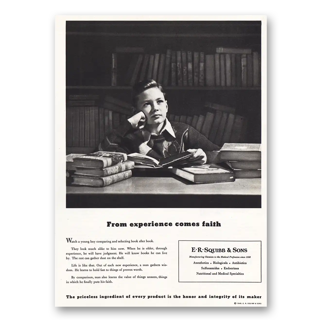 1948 Squibb Print Ad | From Experience Comes Faith