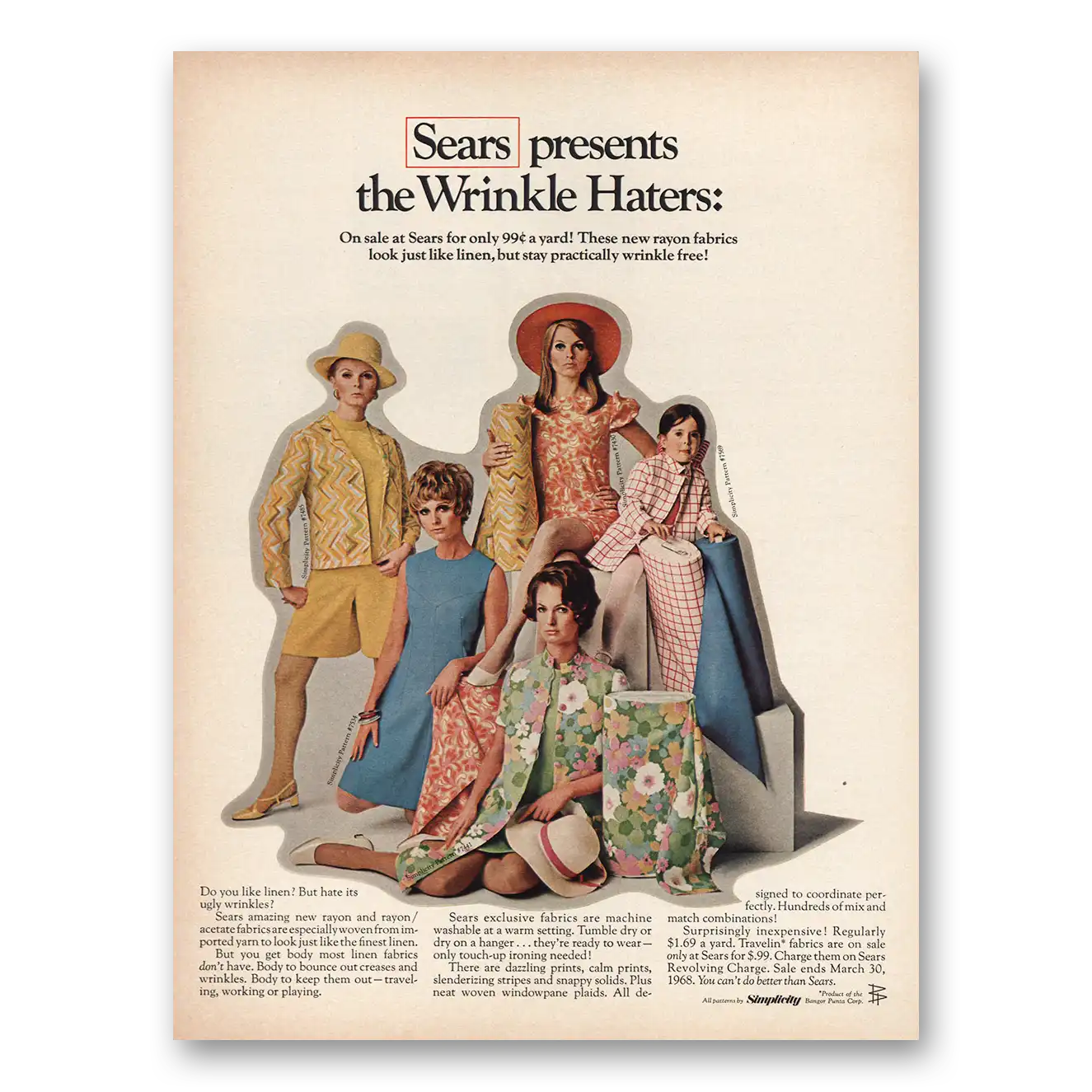 1968 Sears Fabrics Print Ad | Wrinkle Haters